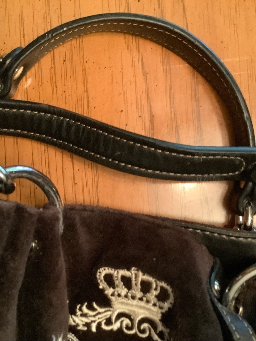 Royal Juicy Couture Black Leather and Thick Brown Velvet Bag with Silver Chain. - Picture 7 of 16